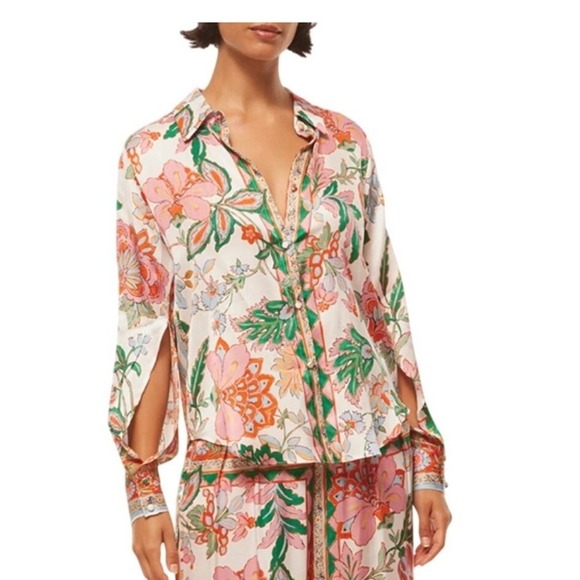 NWT Misa Roya Womens Casablanca Border Split Sleeve Floral Button Front Top Sz L - Picture 1 of 15